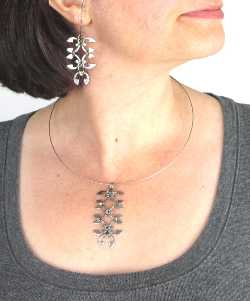 Wisteria chainmaille linked pendant by Wraptillion, shown with Short Wisteria Earrings